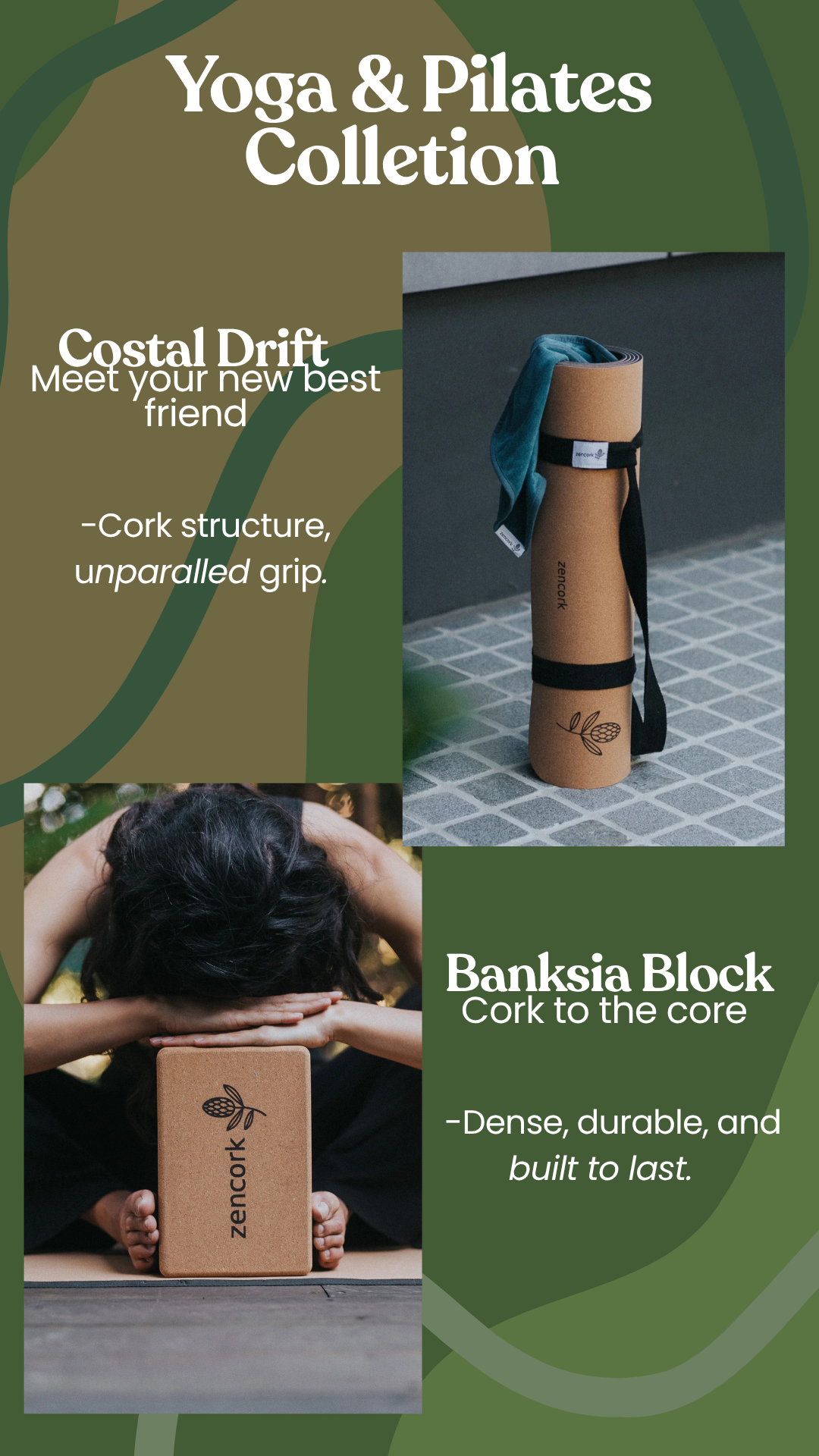 Promotional graphic for the Yoga & Pilates Collection featuring two cork exercise accessories: a Banksia Block on the left and a Costal Drift yoga cylinder on the right. The image includes descriptive text for each item and shows a model holding the Banksia Block.
