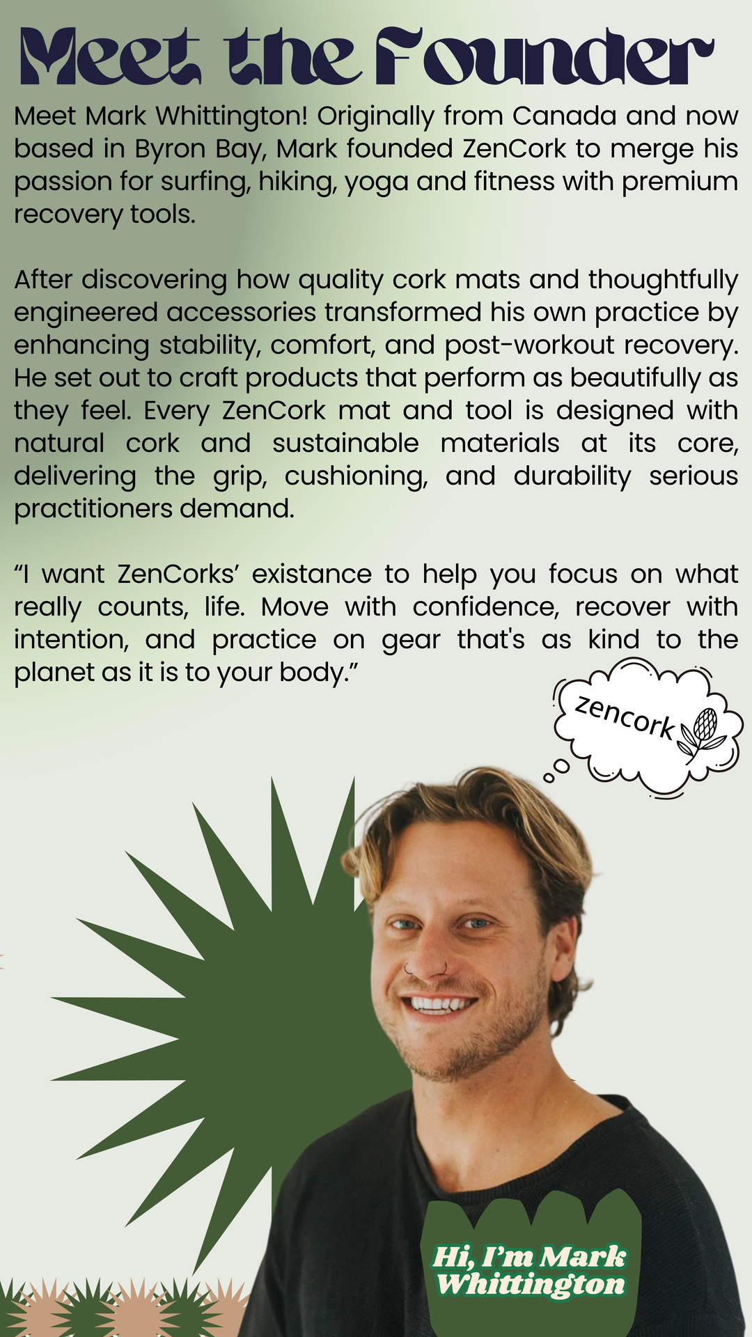 A promotional text graphic for Mark Whittington and ZenCorks, featuring a photo of a smiling man, paragraphs of text, a speech bubble with 'zencorks', and a dark green background with abstract leaf-like shapes.