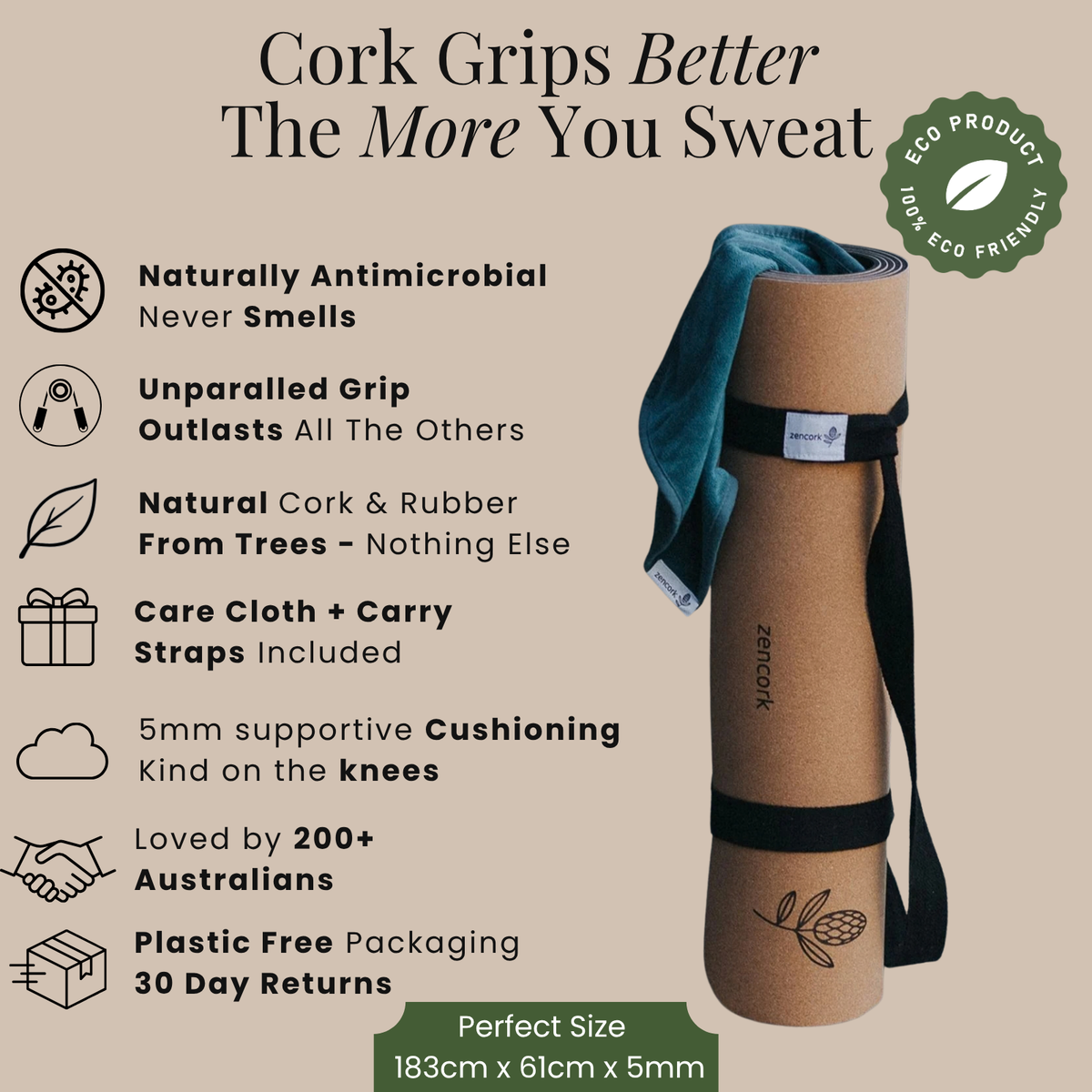 Infographic image about all the benefits of using a cork yoga mat.
