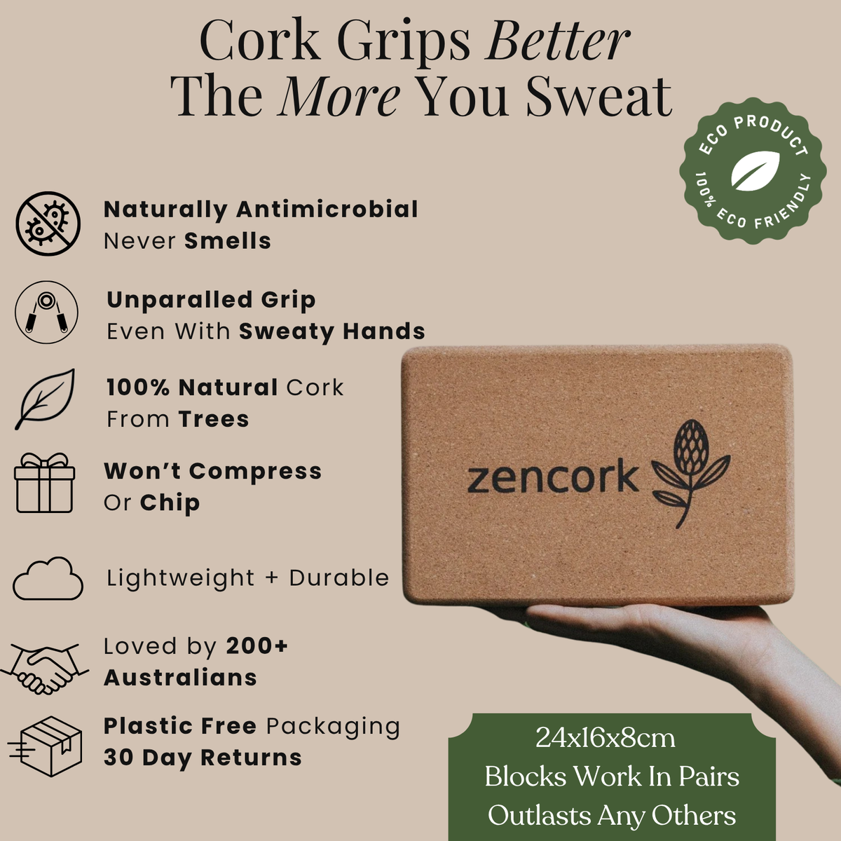 Infographic image about all the benefits of using a cork yoga block.