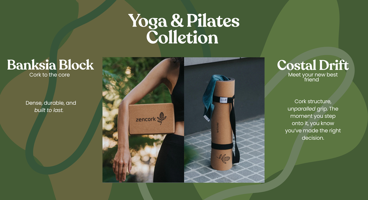 Promotional graphic for the Yoga & Pilates Collection featuring two cork exercise accessories: a Banksia Block on the left and a Costal Drift yoga cylinder on the right. The image includes descriptive text for each item and shows a model holding the Banksia Block.