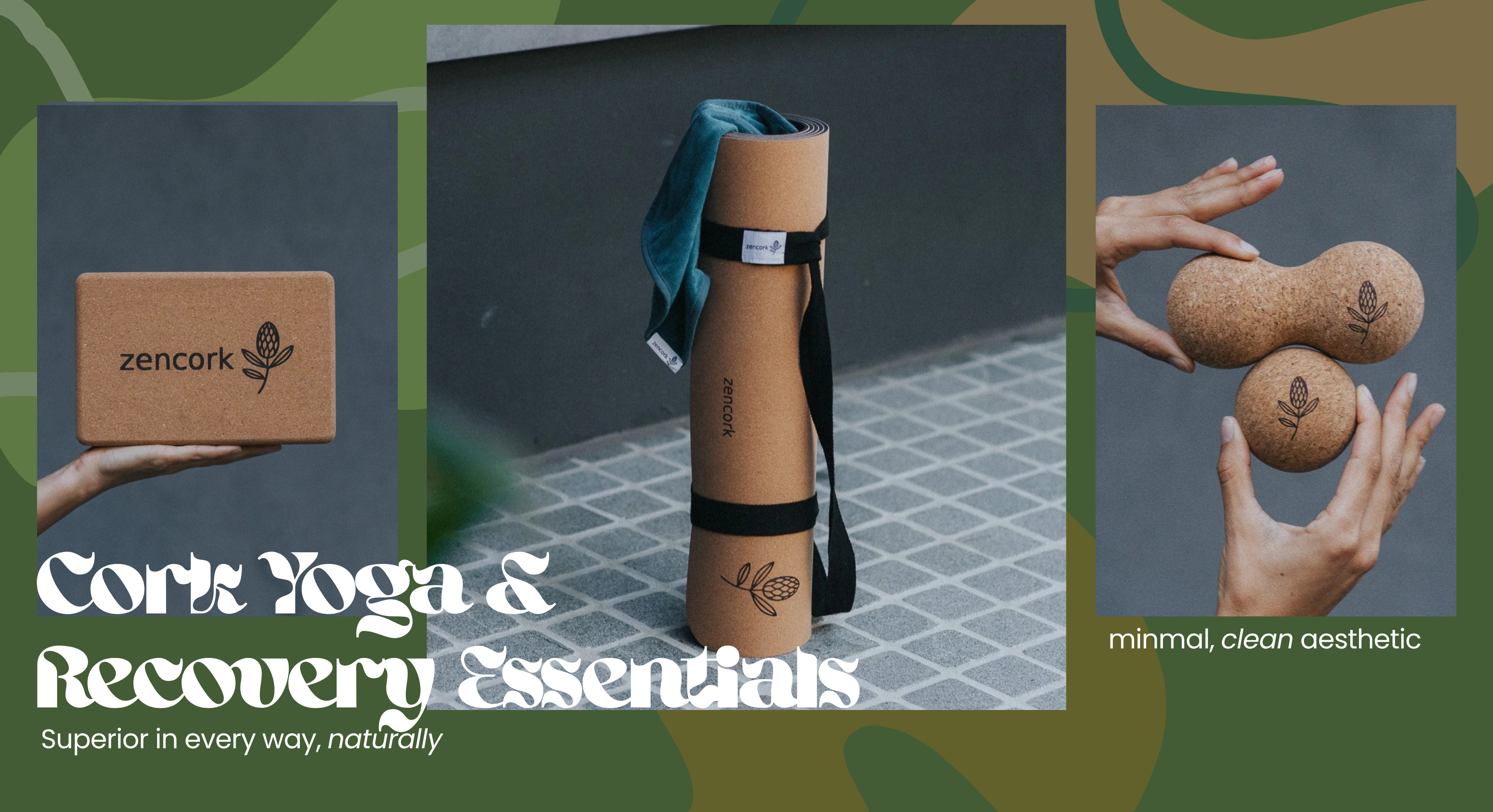 A collage showing cork yoga accessories: a cork meditation block with the 'zencork' logo, a rolled cork yoga mat with a teal strap, and two cork ball props being held by hands. Text overlays read 'Cork Yoga & Recovery Essentials' and 'minimal, clean aesthetic'.